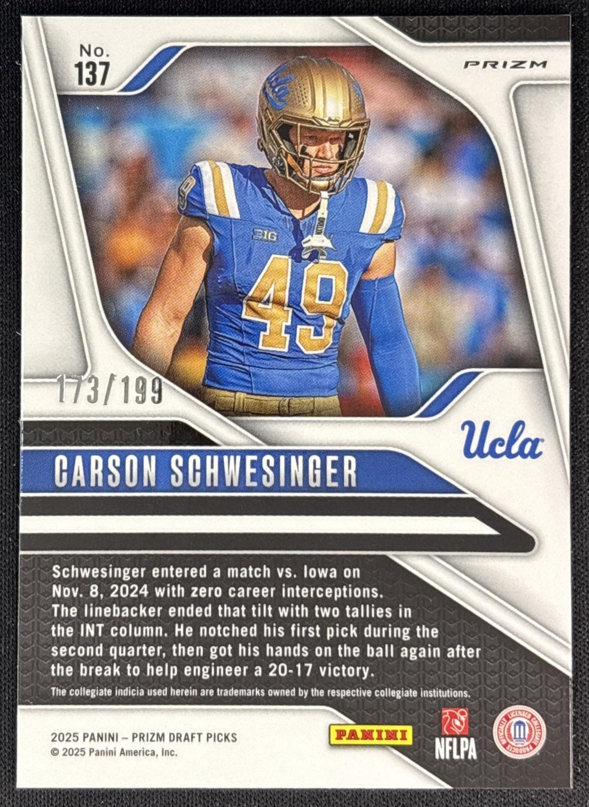 Carson Schwesinger 2025 Panini Prizm Draft Picks Purple Ice /199 Bruins back