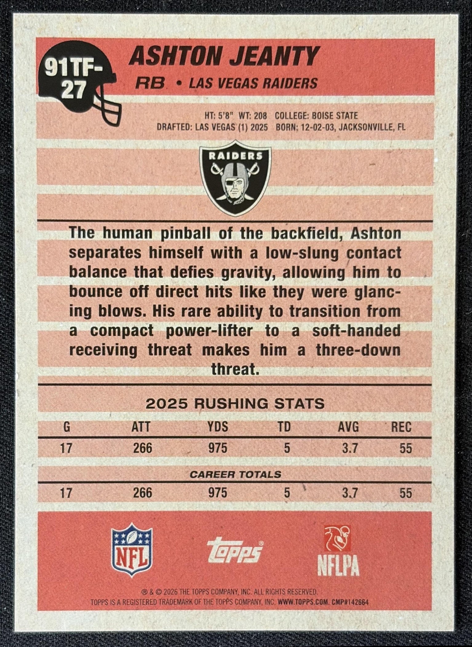 Ashton Jeanty 2026 Topps 1991 Raiders back