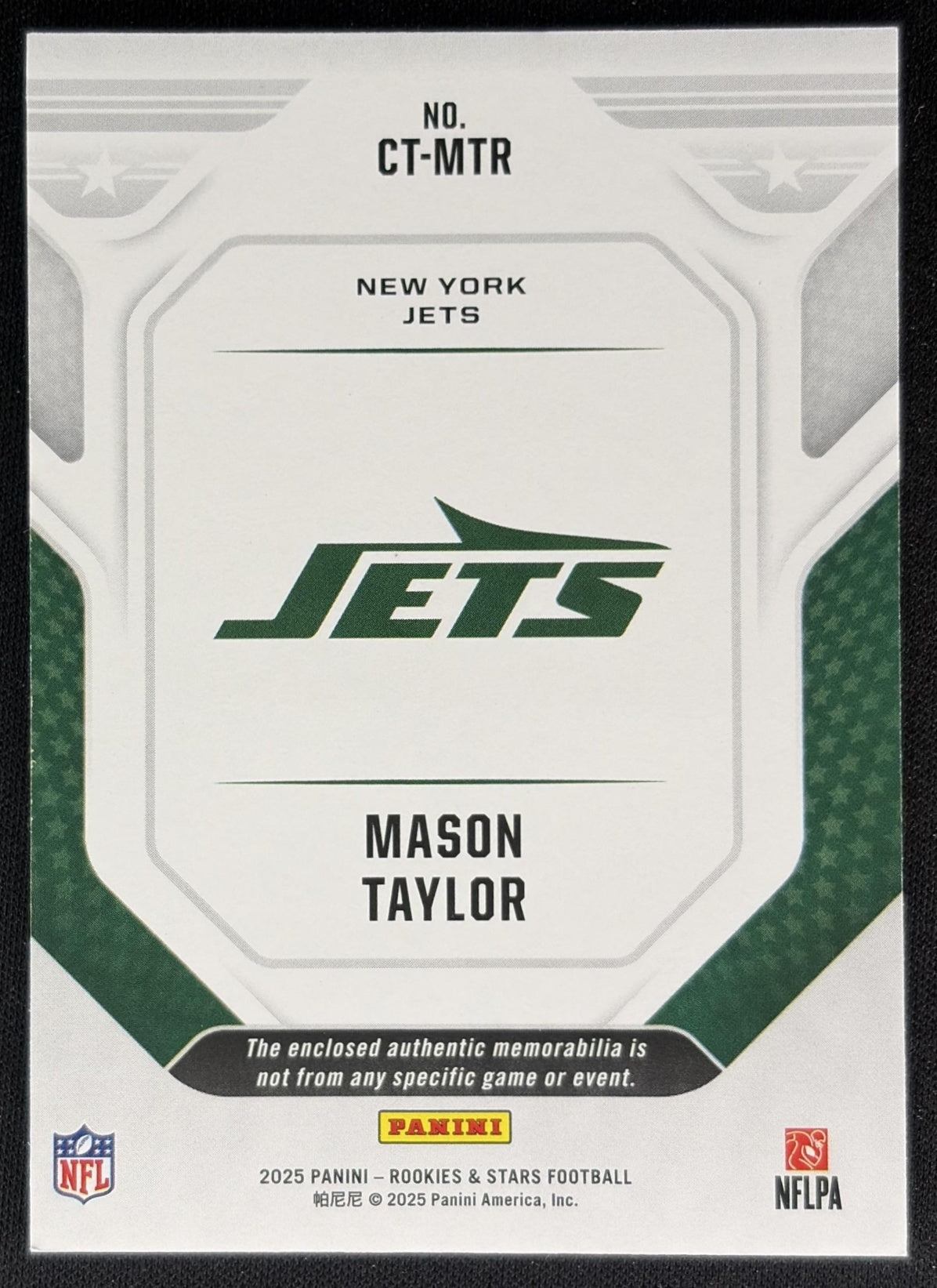 Mason Taylor 2025 Panini Rookies & Stars Cross Training Jets back