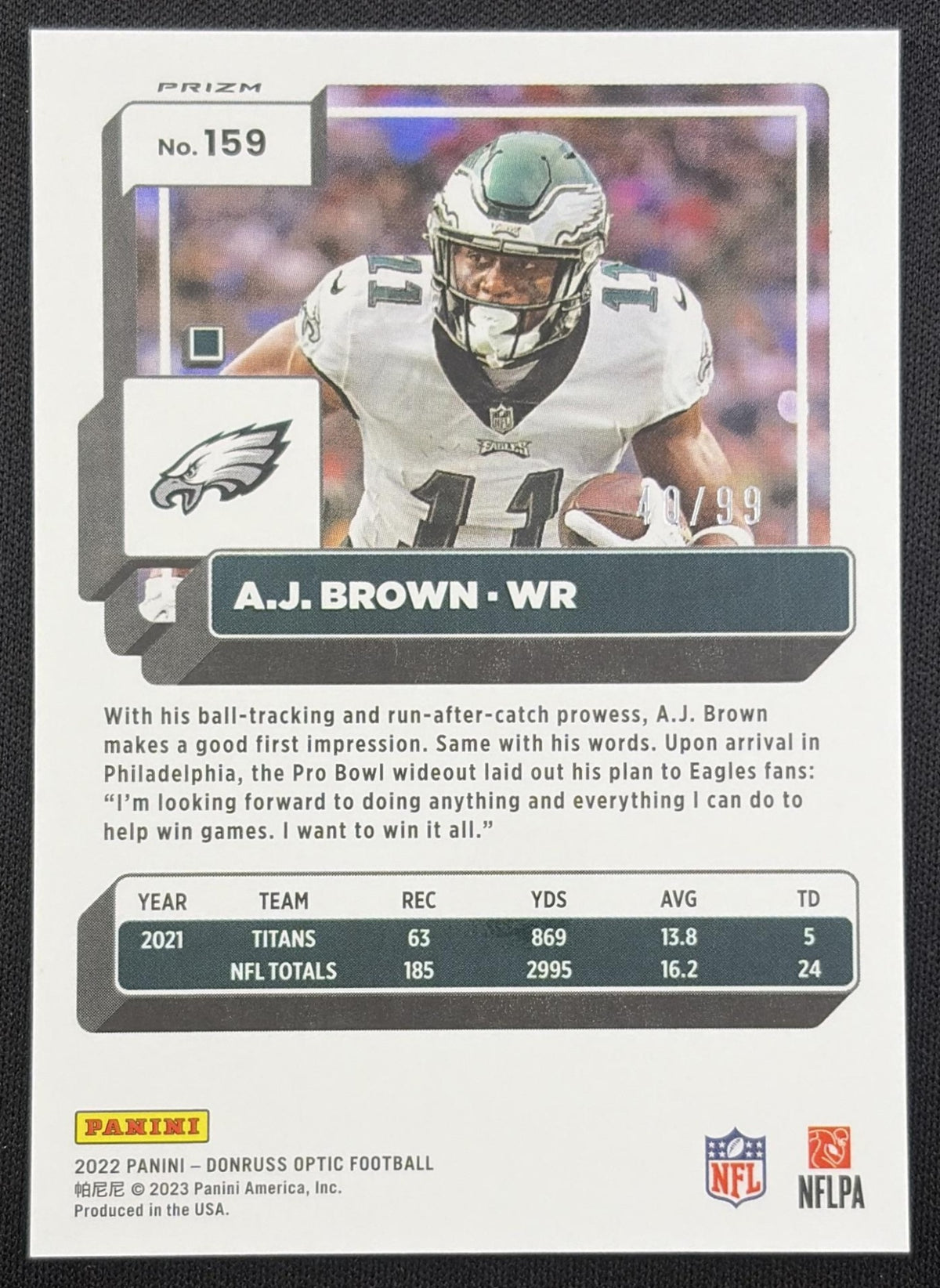 A.J. Brown 2022 Panini Donruss Optic Red /99 Eagles