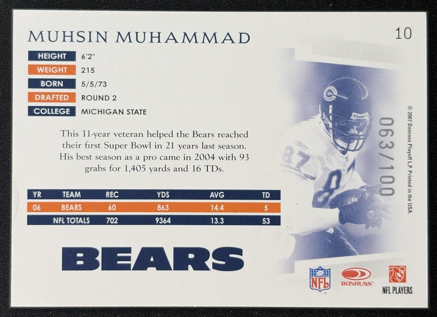 Muhsin Muhammad 2007 Donruss Threads Silver Holofoil /100 Bears Sports Trading Cards