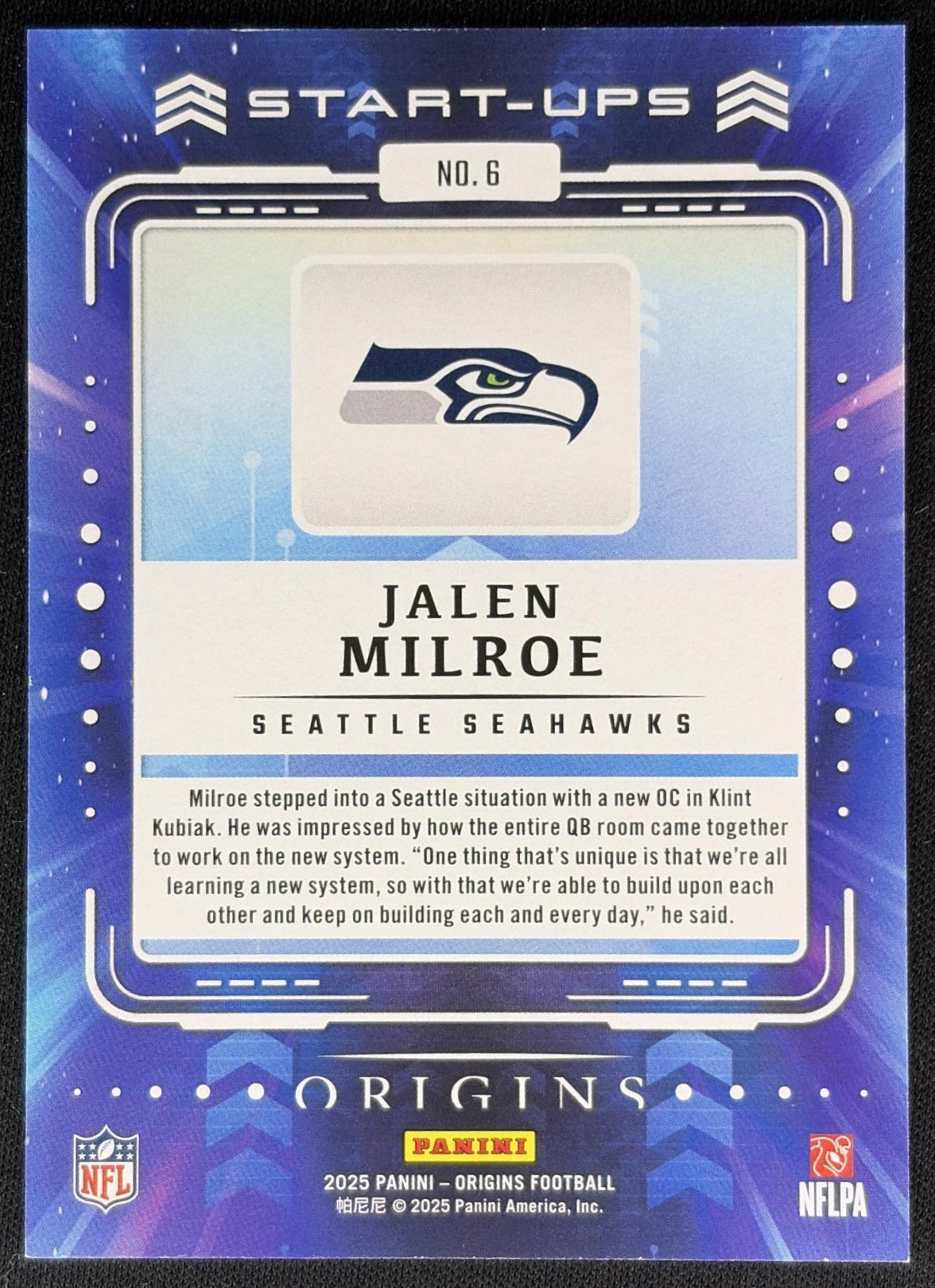 Jalen Milroe 2025 Panini Origins Start-Ups Seahawks back