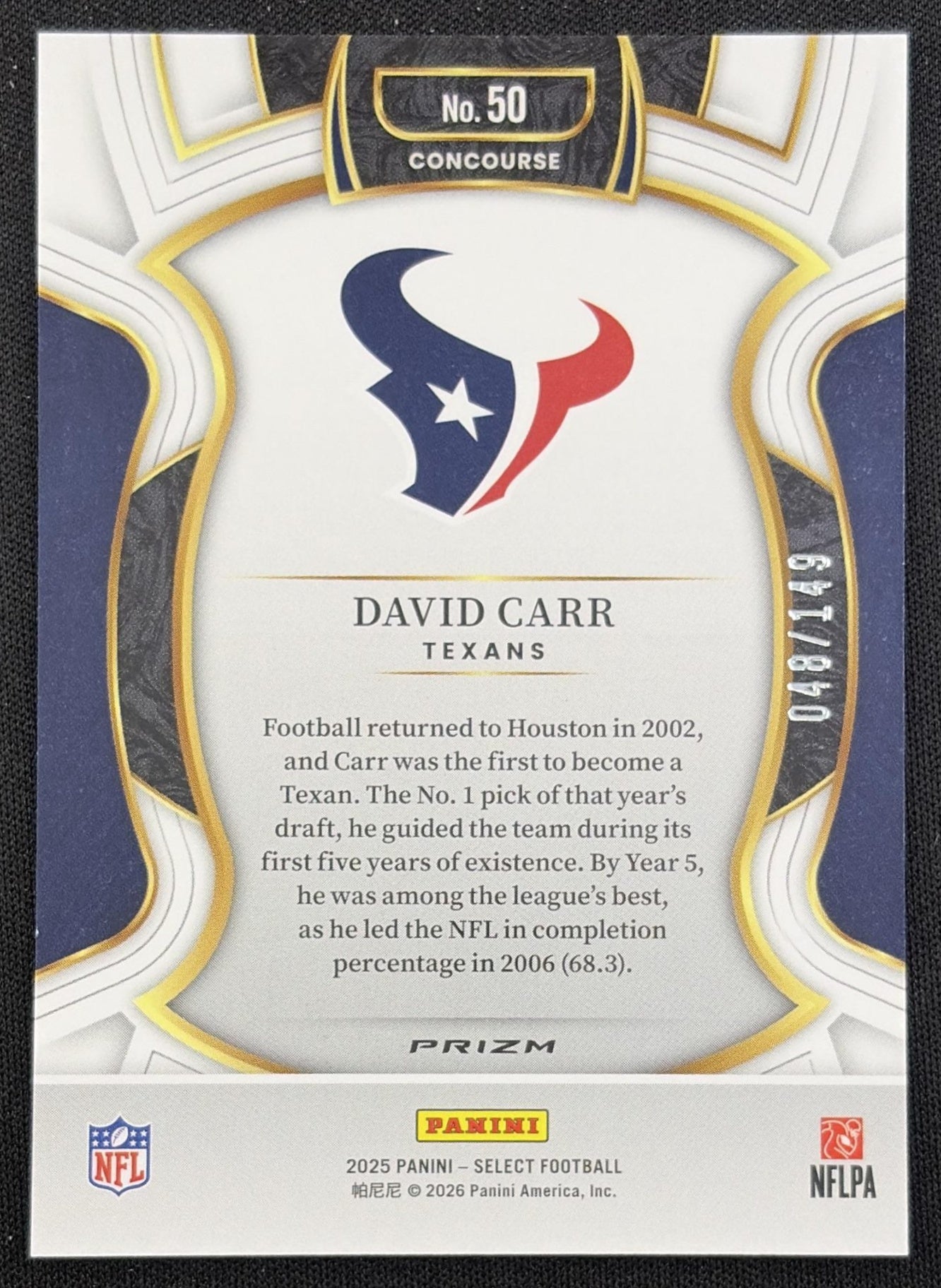 David Carr 2025 Panini Select Concourse Maroon Prizm /149 Texans
