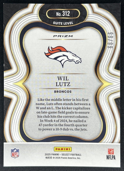 Wil Lutz 2025 Panini Select Suite Level Blue Prizm /99 Broncos back