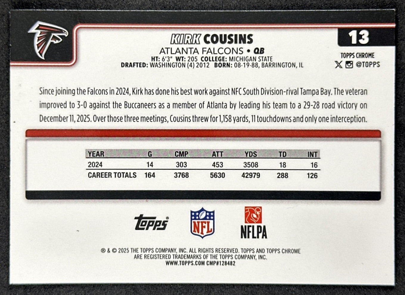 Kirk Cousins 2025 Topps Chrome Lightboard Logo Variation Falcons Sports Trading Cards