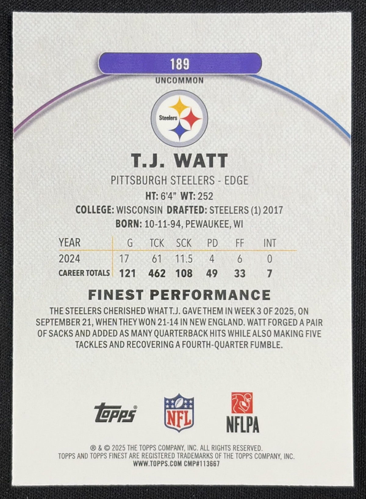 T.J. Watt 2025 Topps Finest Uncommon Purple Refractor /200 Pittsburgh Steelers