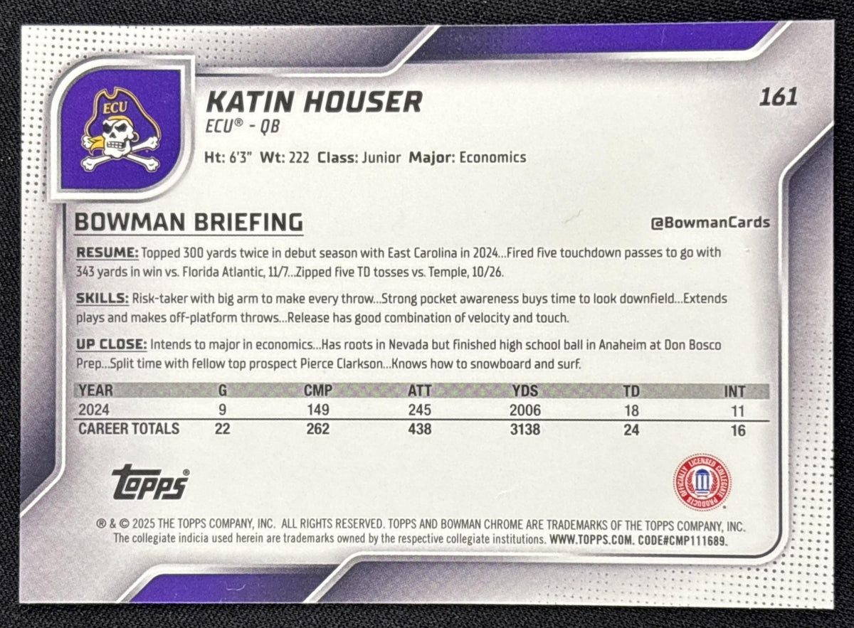 Katin Houser 2025 Bowman Chrome University Prospects Yellow Mini-Diamond Refractor /350 Pirates