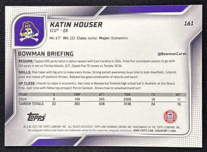 Katin Houser 2025 Bowman Chrome University Prospects Yellow Mini-Diamond Refractor /350 Pirates