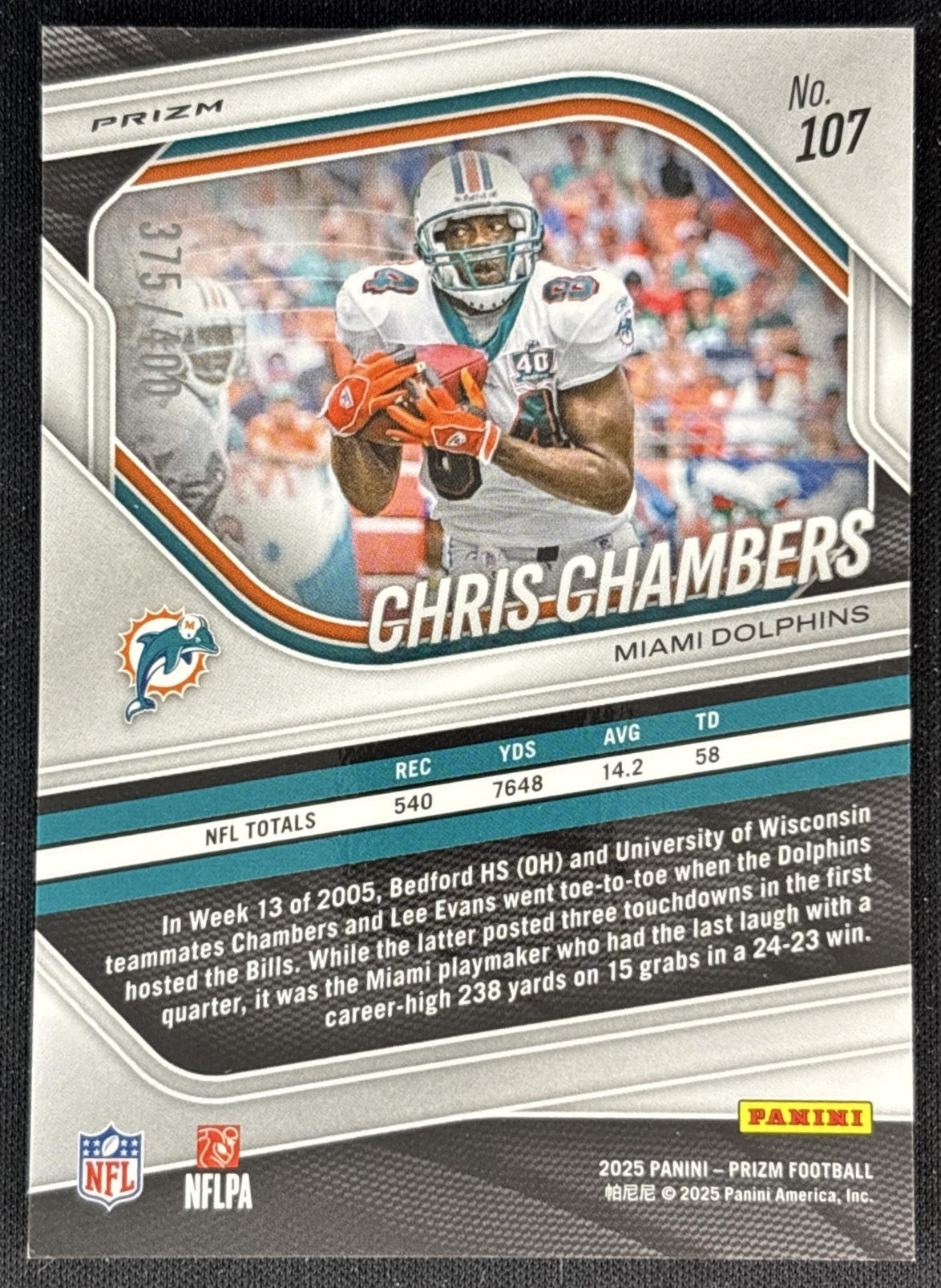 Chris Chambers 2025 Panini Prizm Pandora /400 Dolphins back