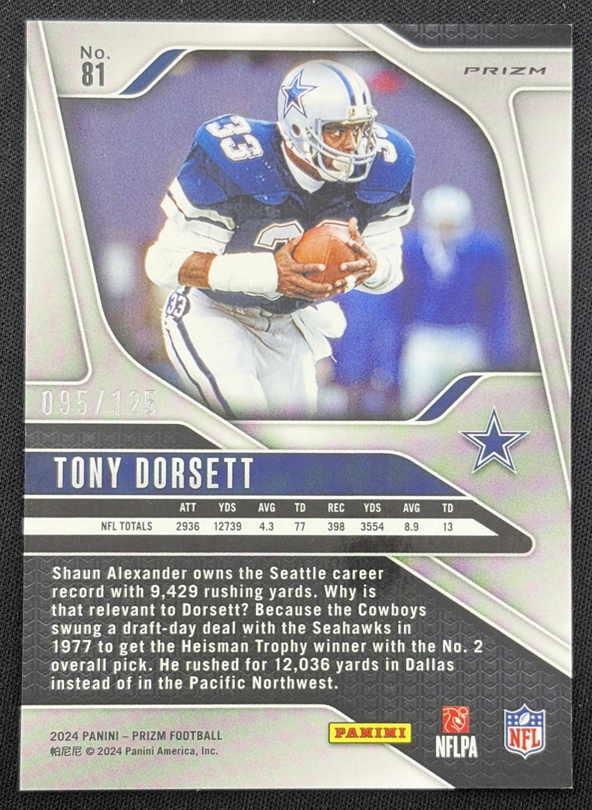 Tony Dorsett 2024 Panini Prizm Purple /125 Cowboys Dallas Cowboys
