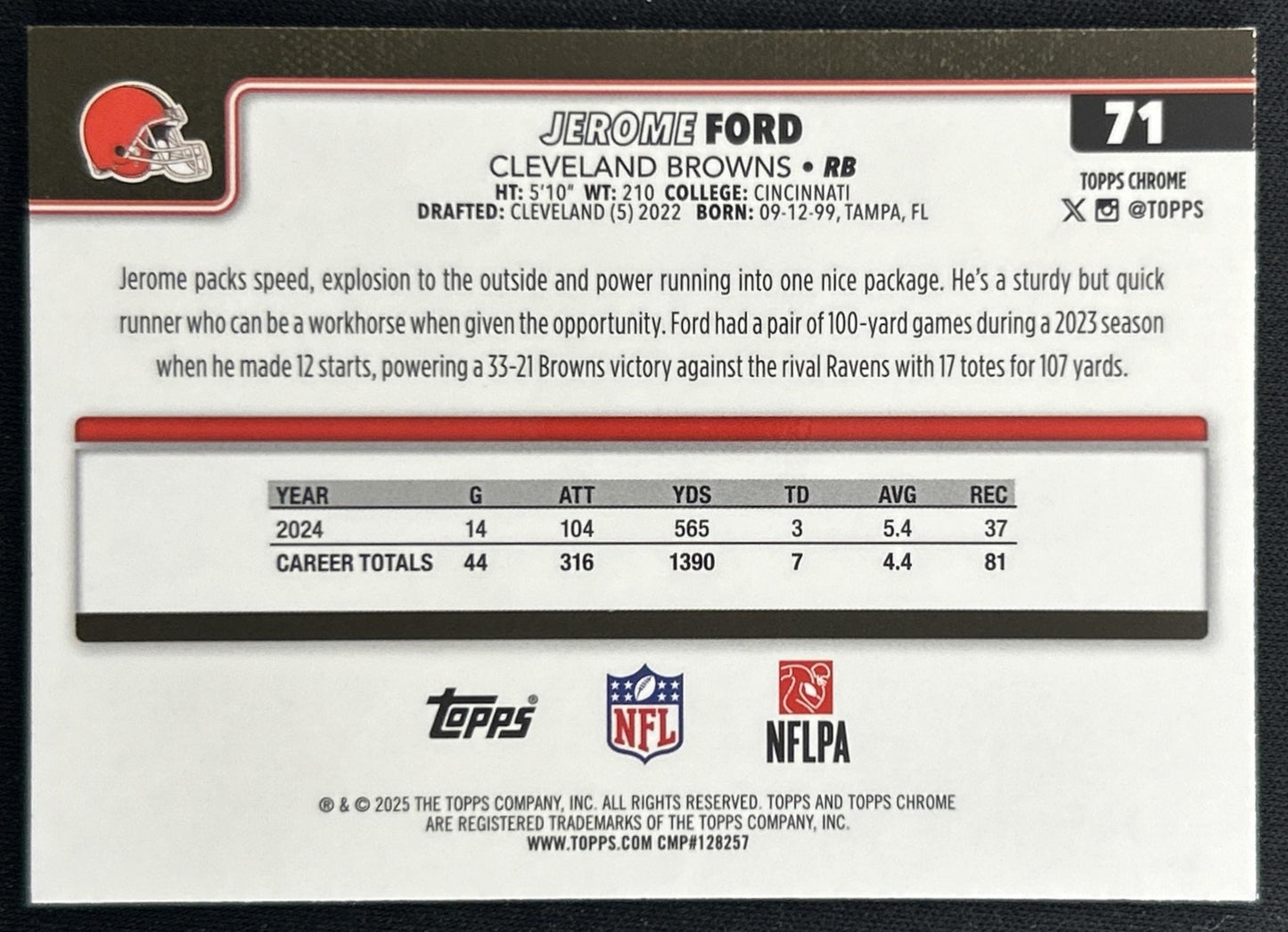 Jerome Ford 2025 Topps Chrome Teal Refractor /299 Browns