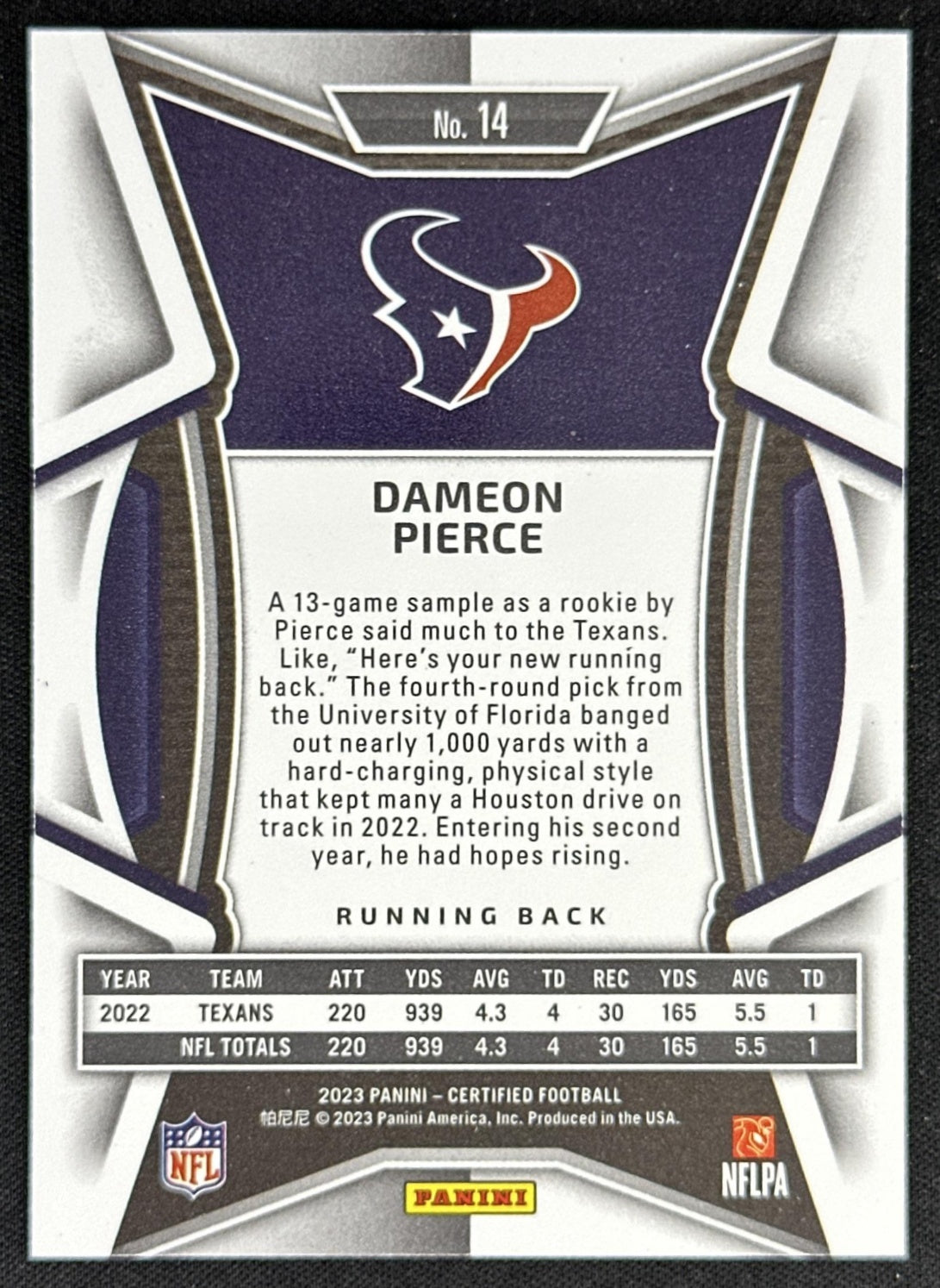 Dameon Pierce 2023 Panini Certified Bronze Mirror /275 Texans