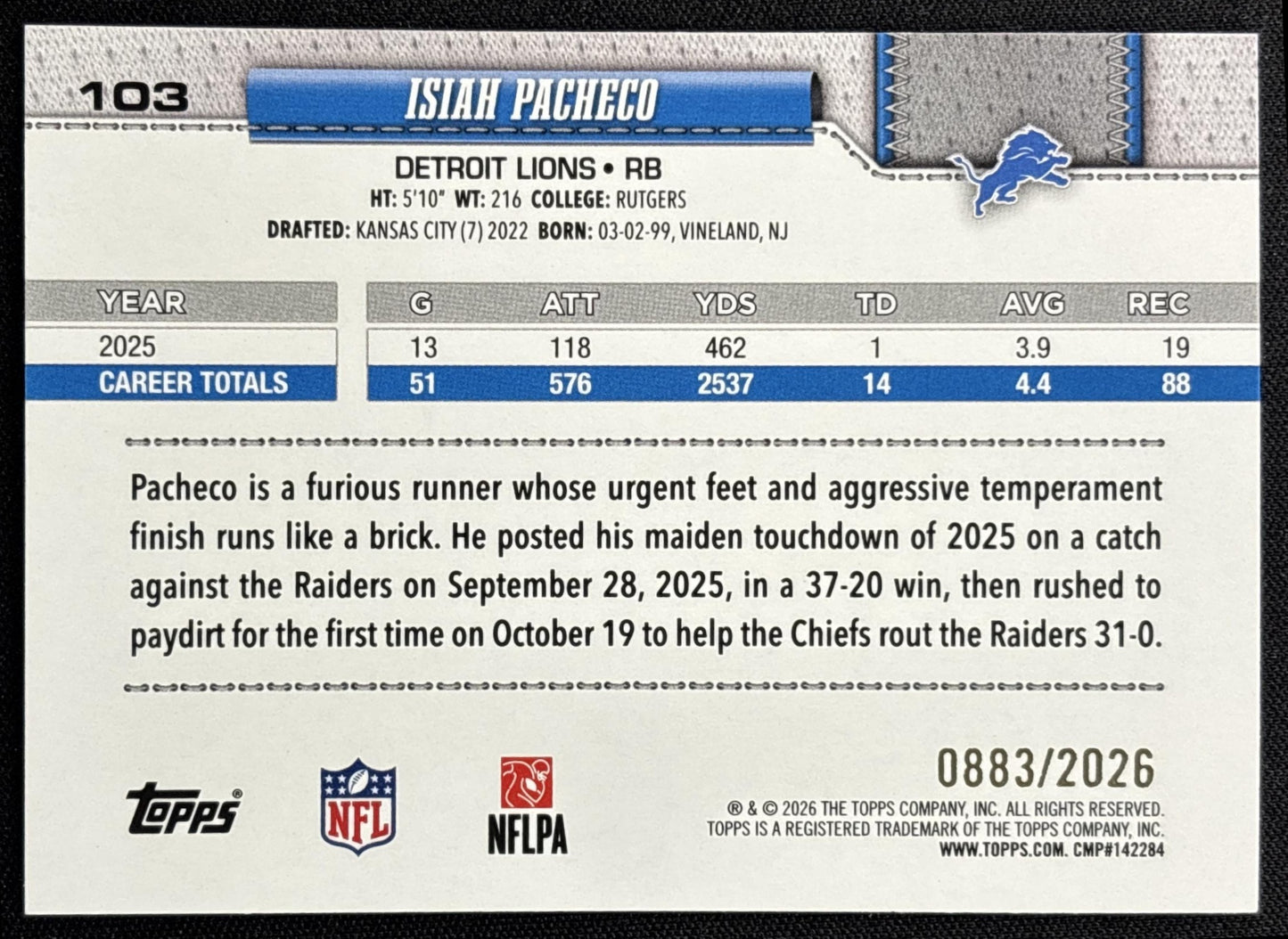 Isiah Pacheco 2026 Topps Gold /2026 Lions