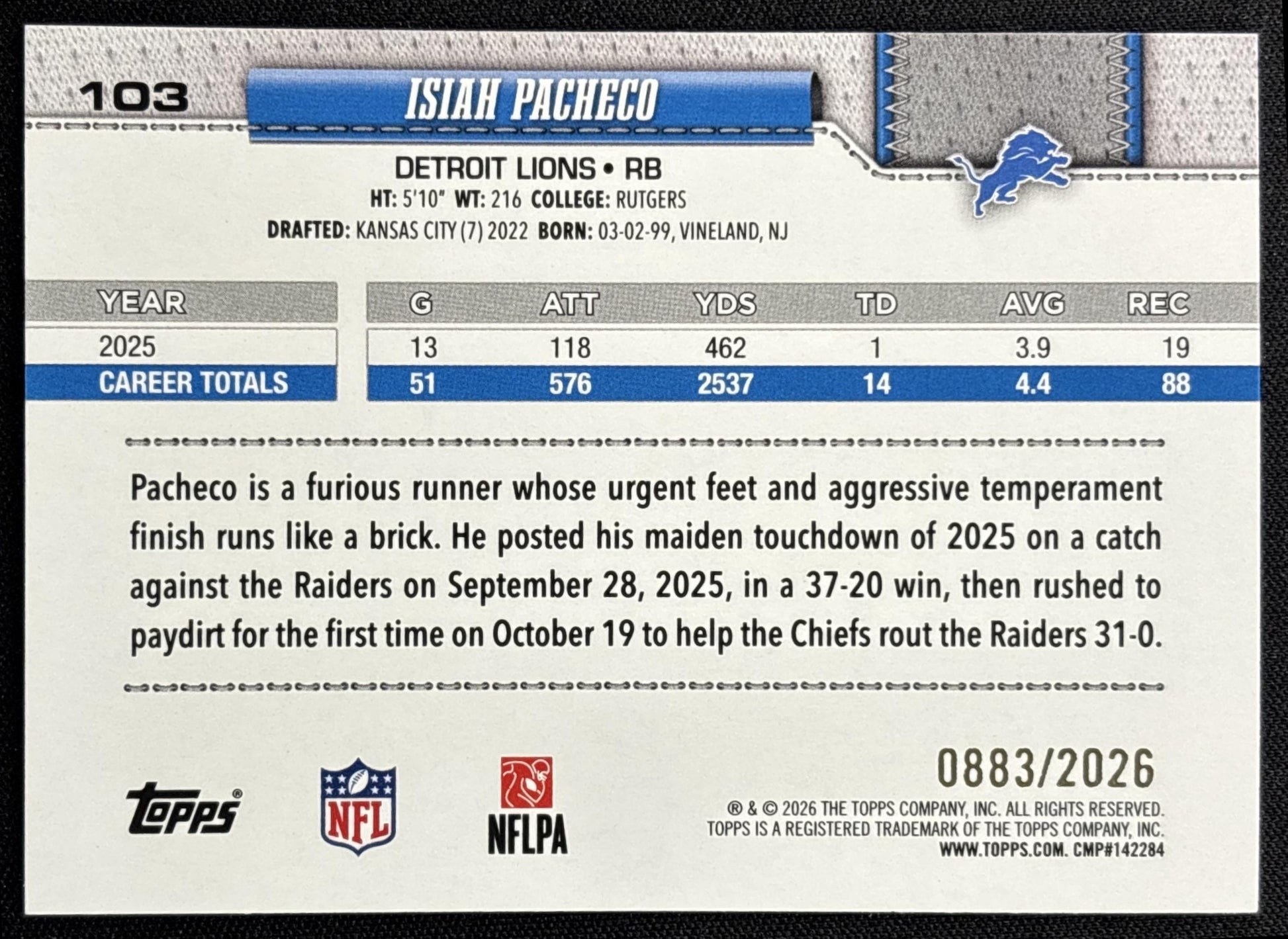 Isiah Pacheco 2026 Topps Gold /2026 Lions