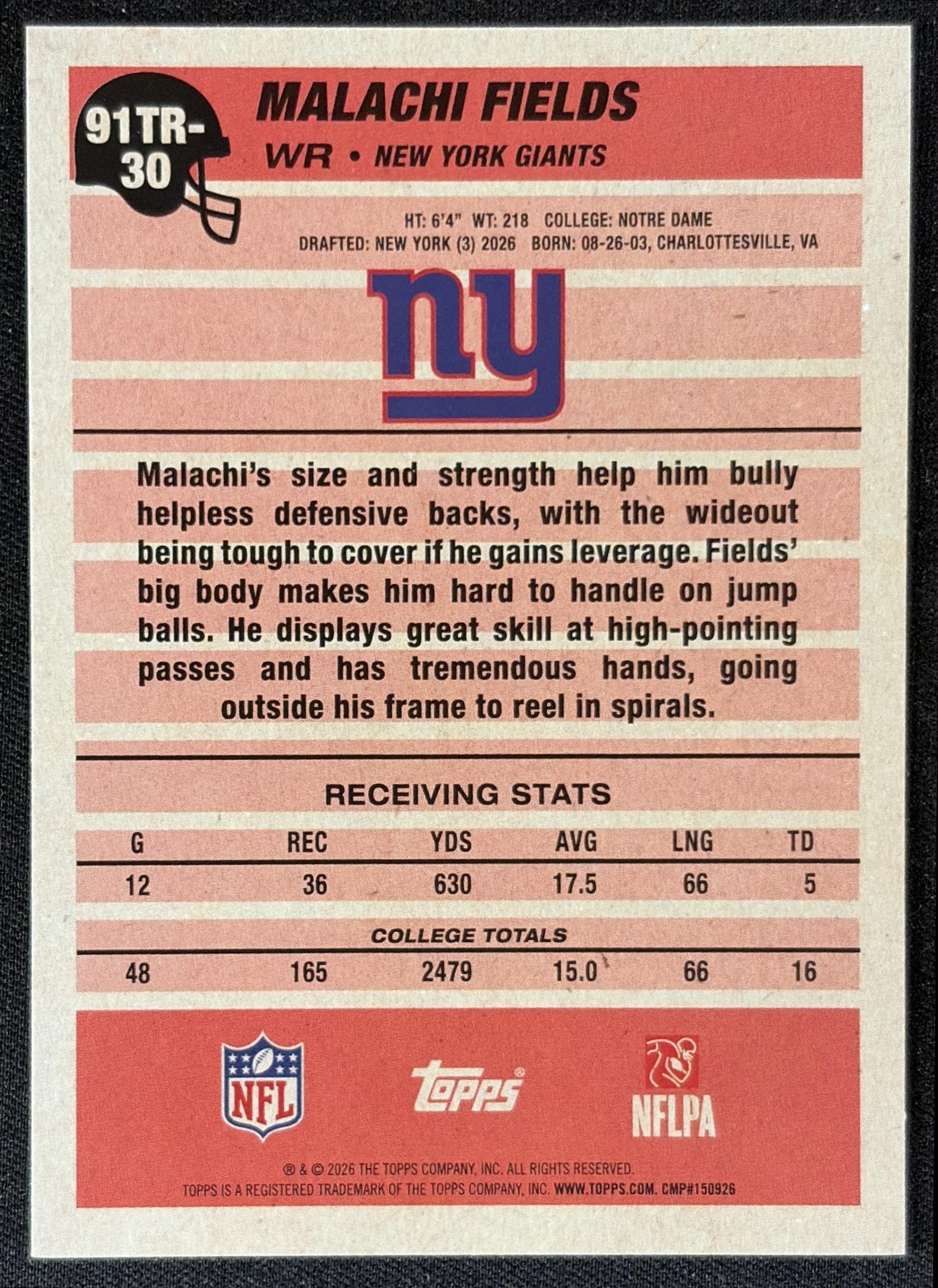 Malachi Fields 2026 Topps 1991 Rookie Giants back
