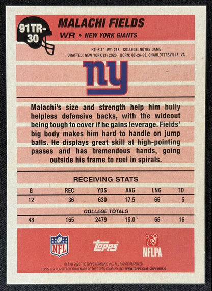 Malachi Fields 2026 Topps 1991 Rookie Giants back