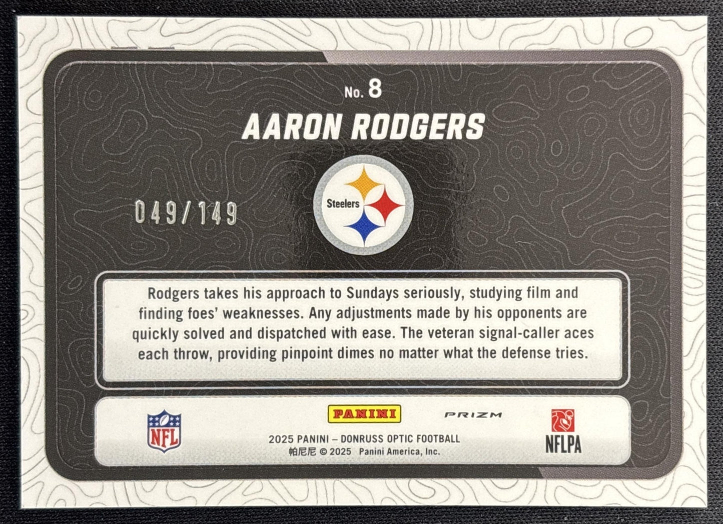 Aaron Rodgers 2025 Donruss Optic Passing Grade Black Pandora Prizm /149 Steelers back
