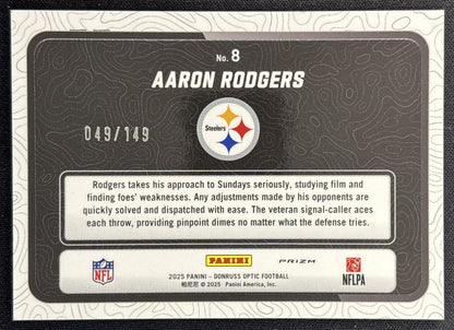 Aaron Rodgers 2025 Donruss Optic Passing Grade Black Pandora Prizm /149 Steelers back