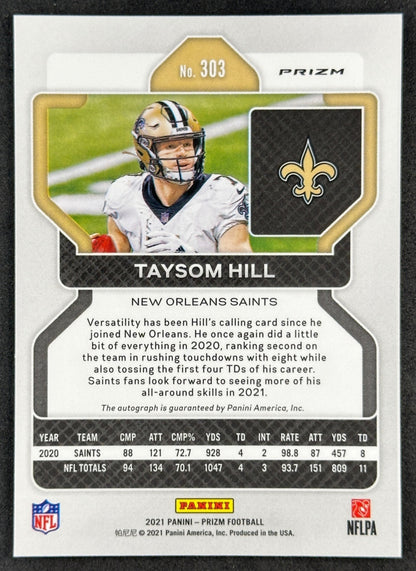 Back of Taysom Hill 2021 Prizm Auto Silver Saints sports trading card
