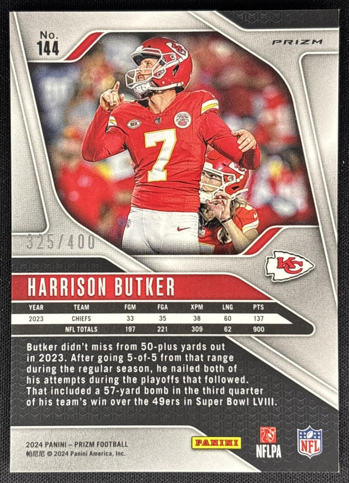 Harrison Butker 2024 Panini Prizm Pandora /400 Chiefs Sports Trading Card