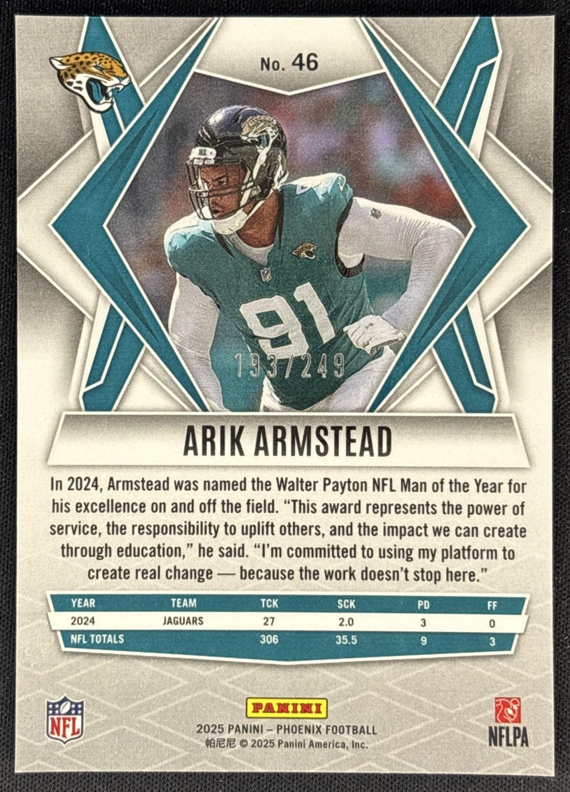 Arik Armstead 2025 Panini Phoenix Purple Hyper Prizm /249 Jaguars back