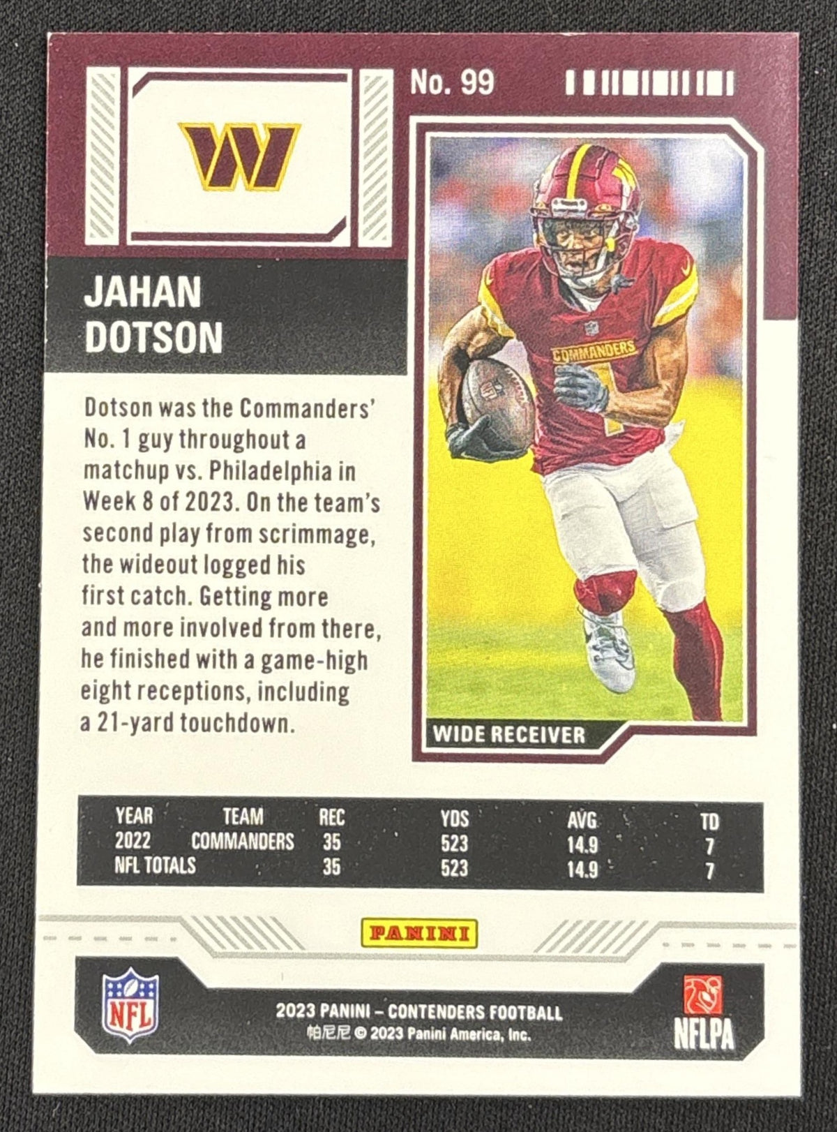 Jahan Dotson 2023 Panini Contenders Game Ticket Blue /499 Commanders