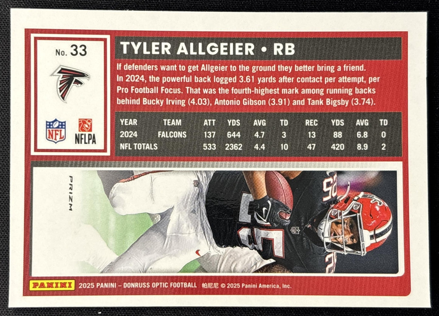 Tyler Allgeier 2025 Panini Donruss Optic Holo Prizm Falcons