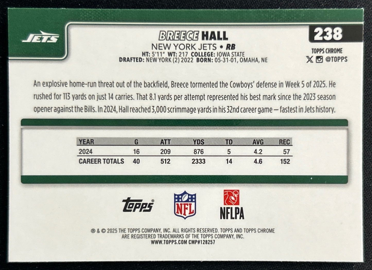 Breece Hall 2025 Topps Chrome Jets Sports Trading Cards