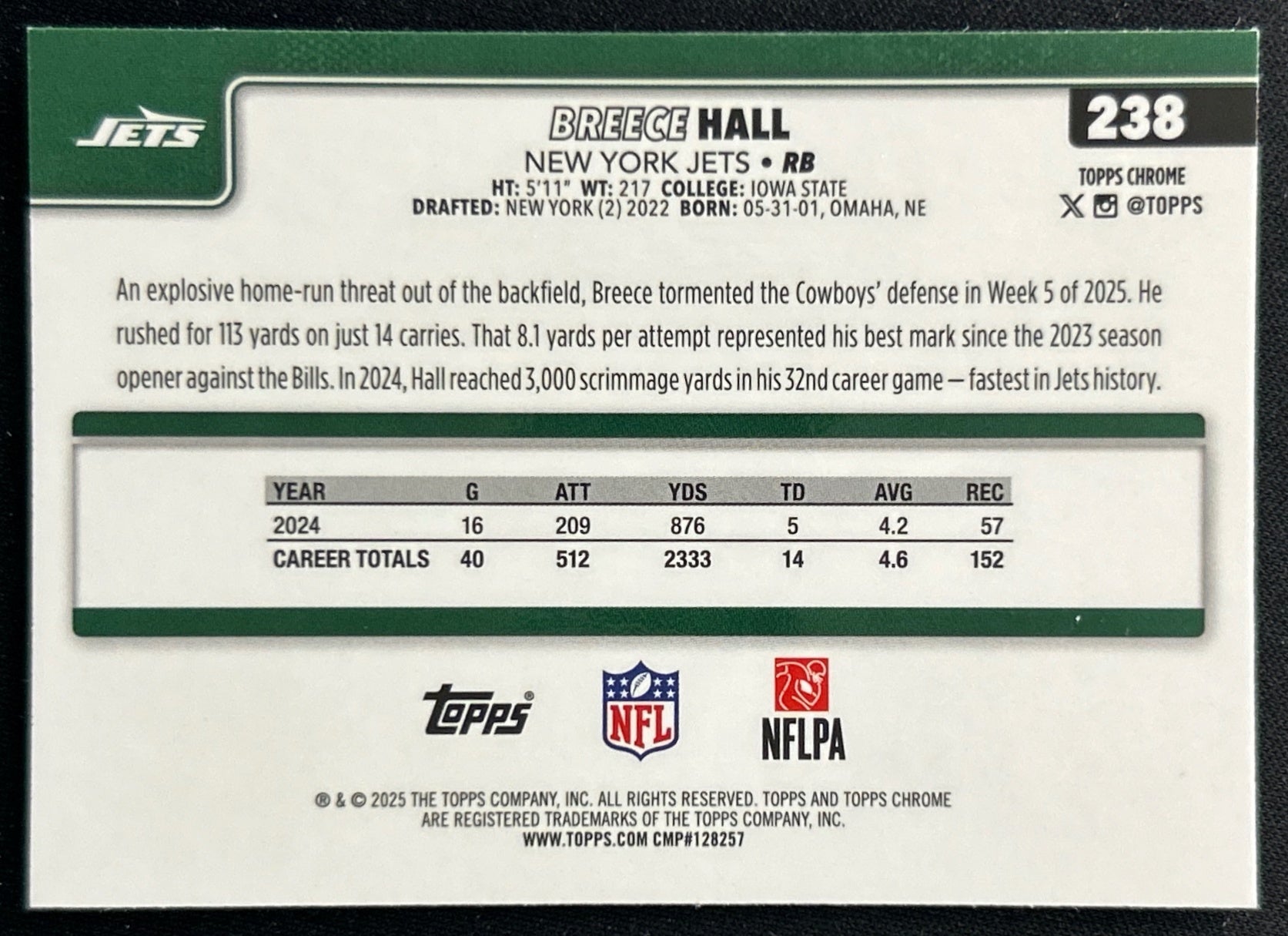 Breece Hall 2025 Topps Chrome Jets Sports Trading Cards