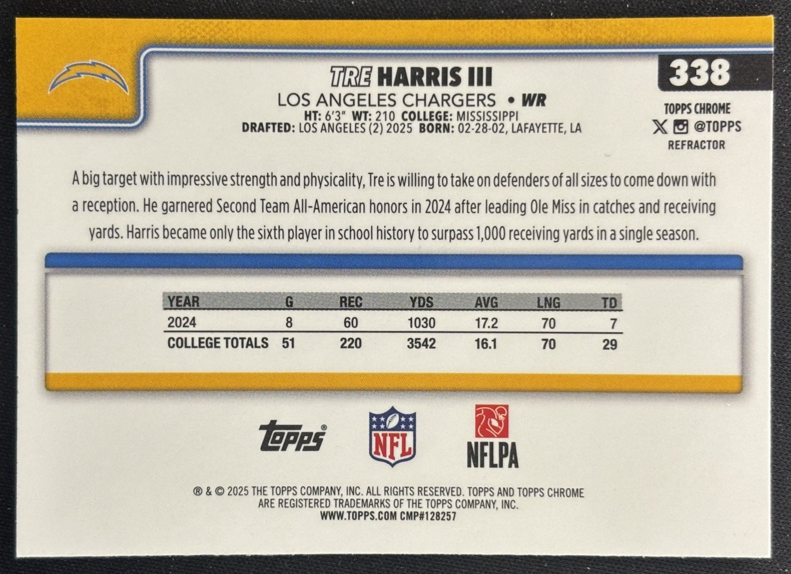 Tre Harris III 2025 Topps Chrome Rookie Refractor Chargers Sports Trading Cards