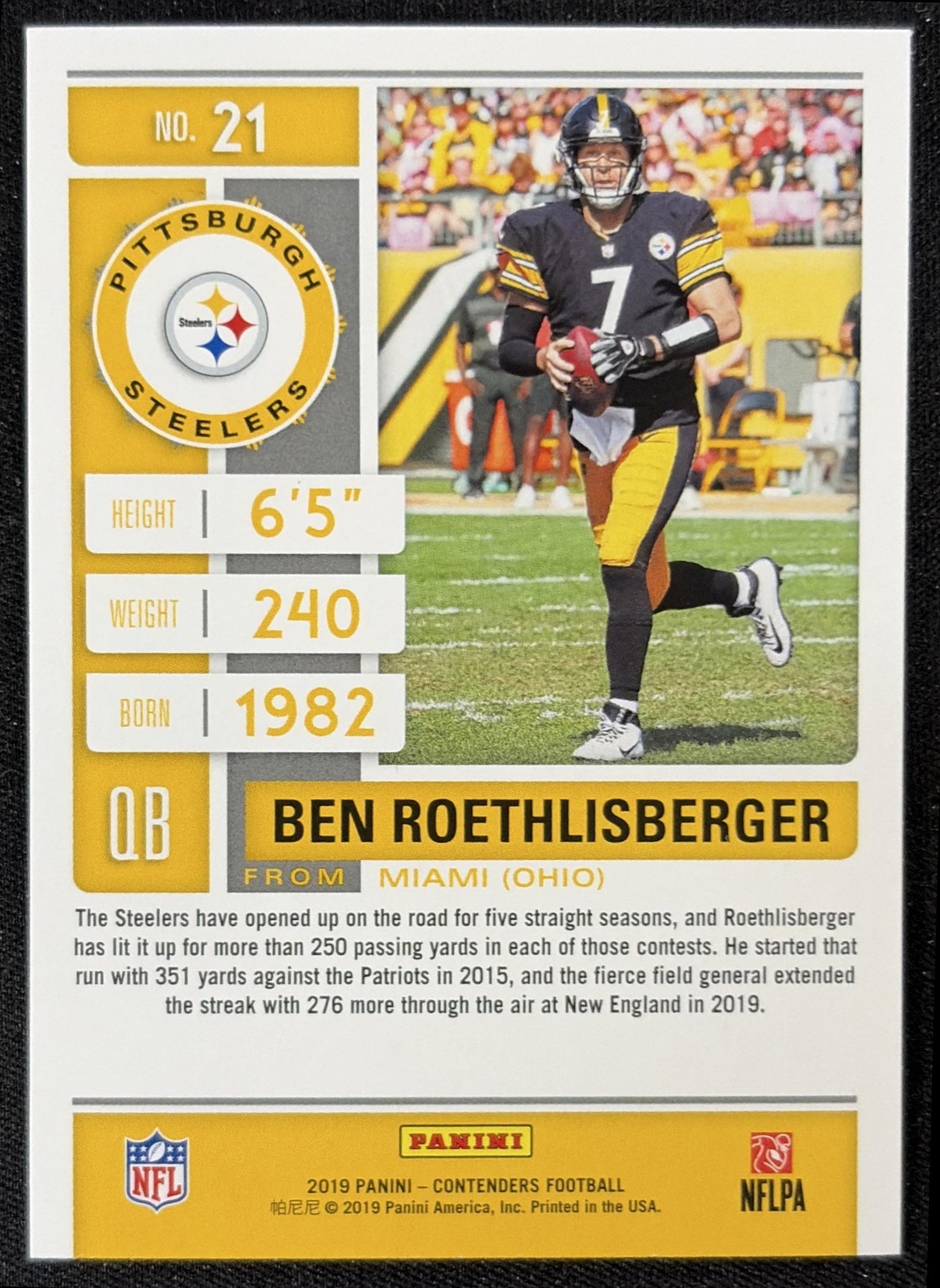 Ben Roethlisberger 2019 Panini Contenders Steelers