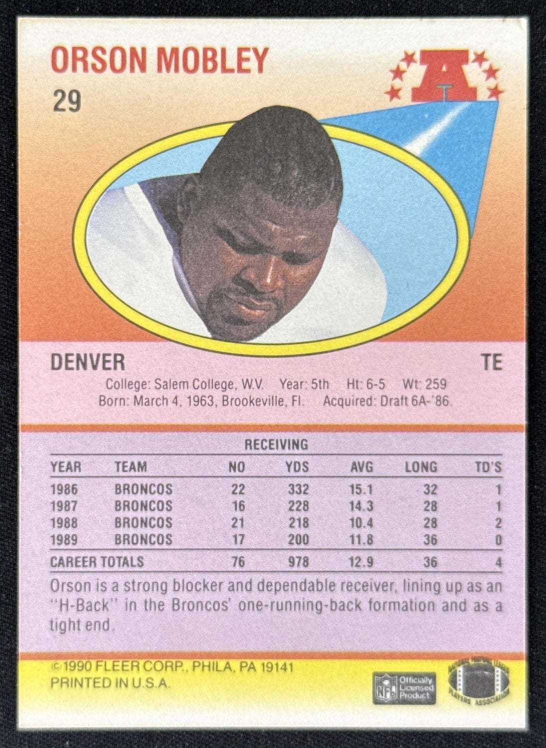 Orson Mobley 1990 Fleer Broncos Sports Trading Card
