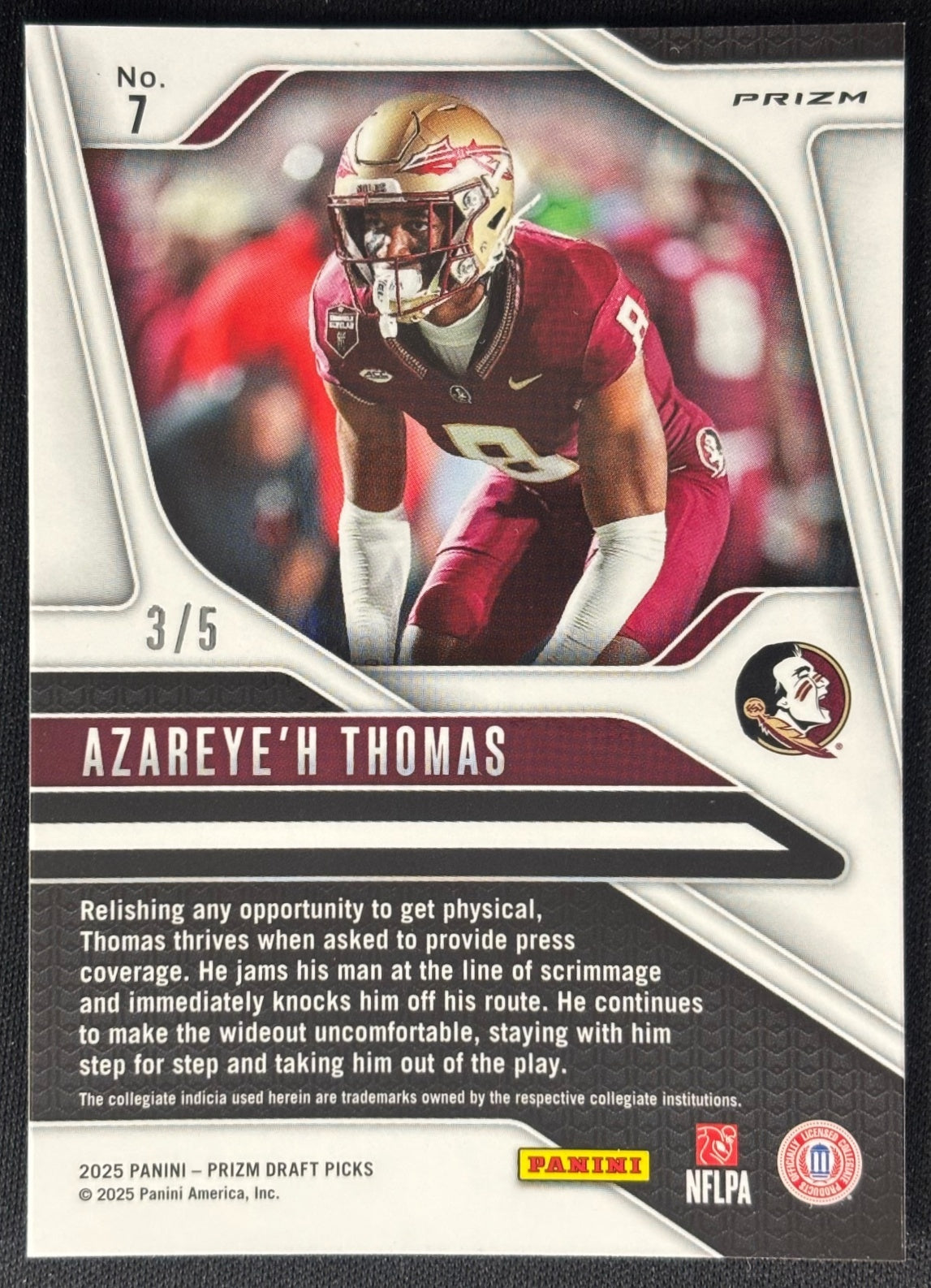 Azareye'h Thomas 2025 Prizm Draft Picks Black Gold /5 Seminoles - back