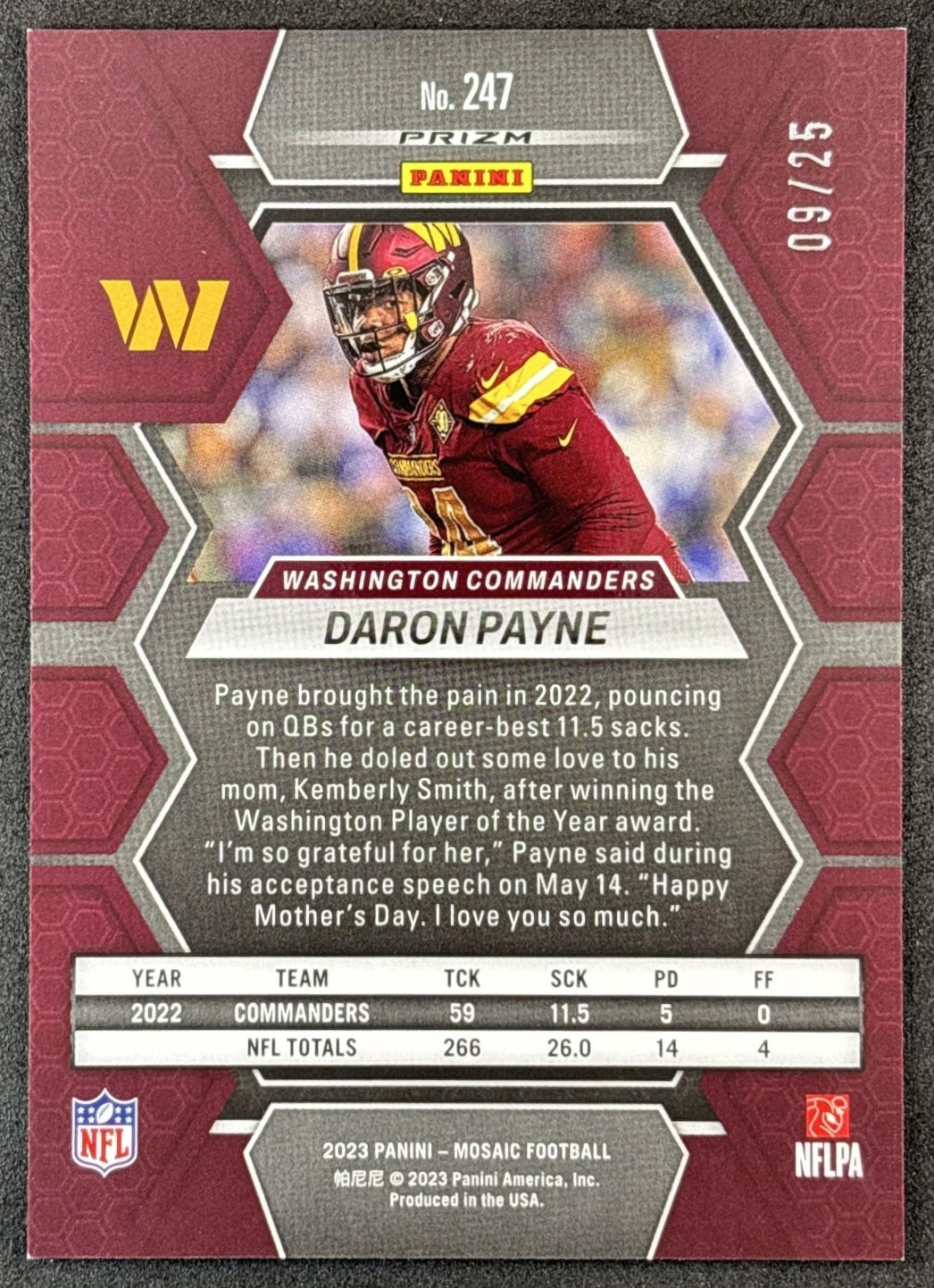 Daron Payne 2023 Panini Mosaic Orange Fluorescent Mosaic Prizm /25 Commanders