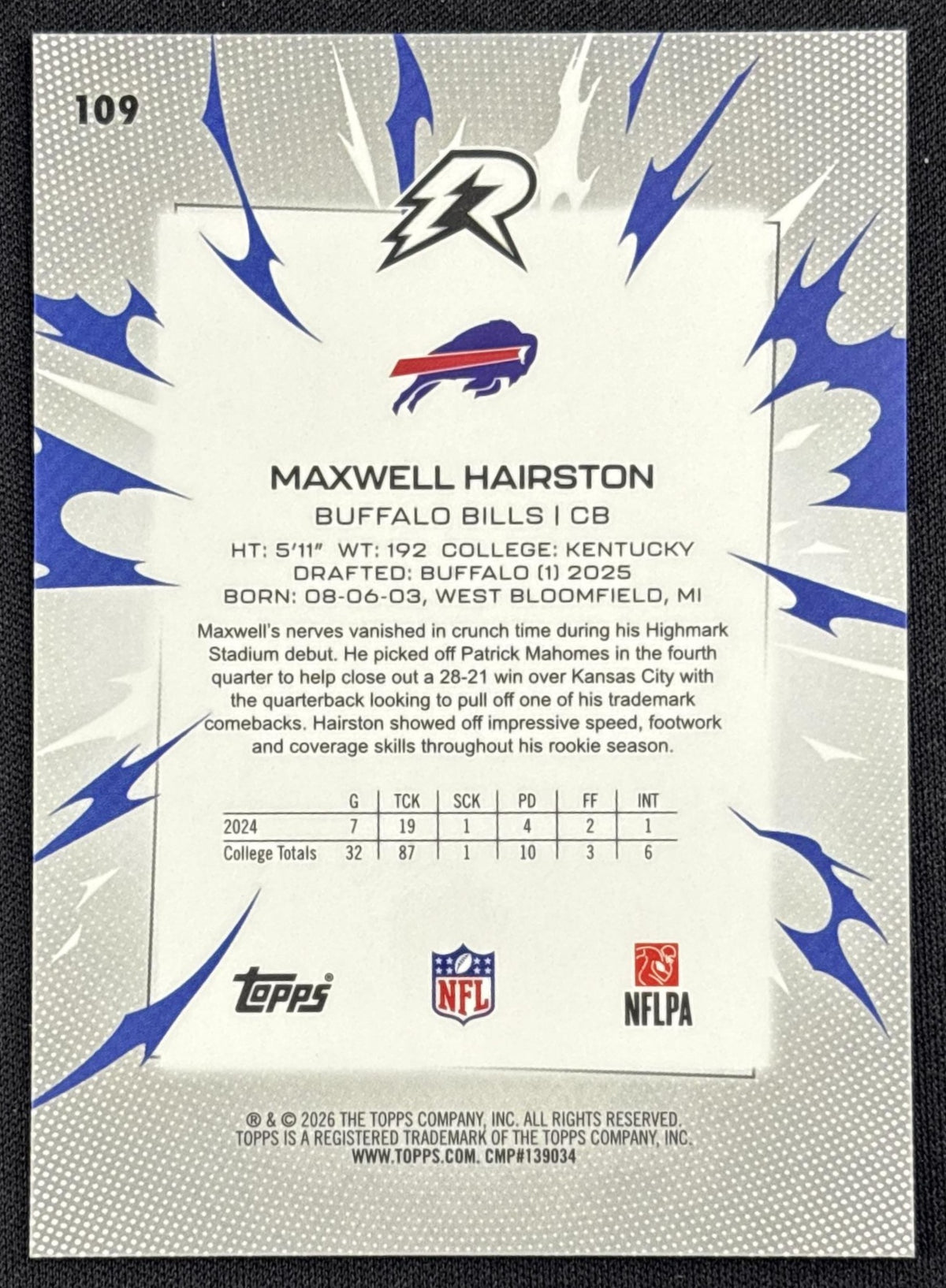 Maxwell Hairston 2025 Topps Resurgence Black and White Surge Refractor /399 Bills