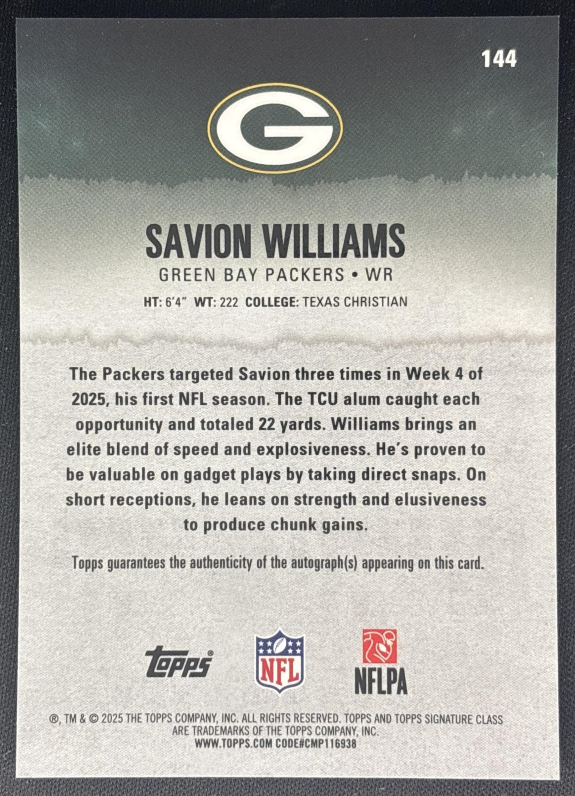 Savion Williams 2025 Topps Signature Class Rookie Chrome Auto Packers Sports Trading Cards
