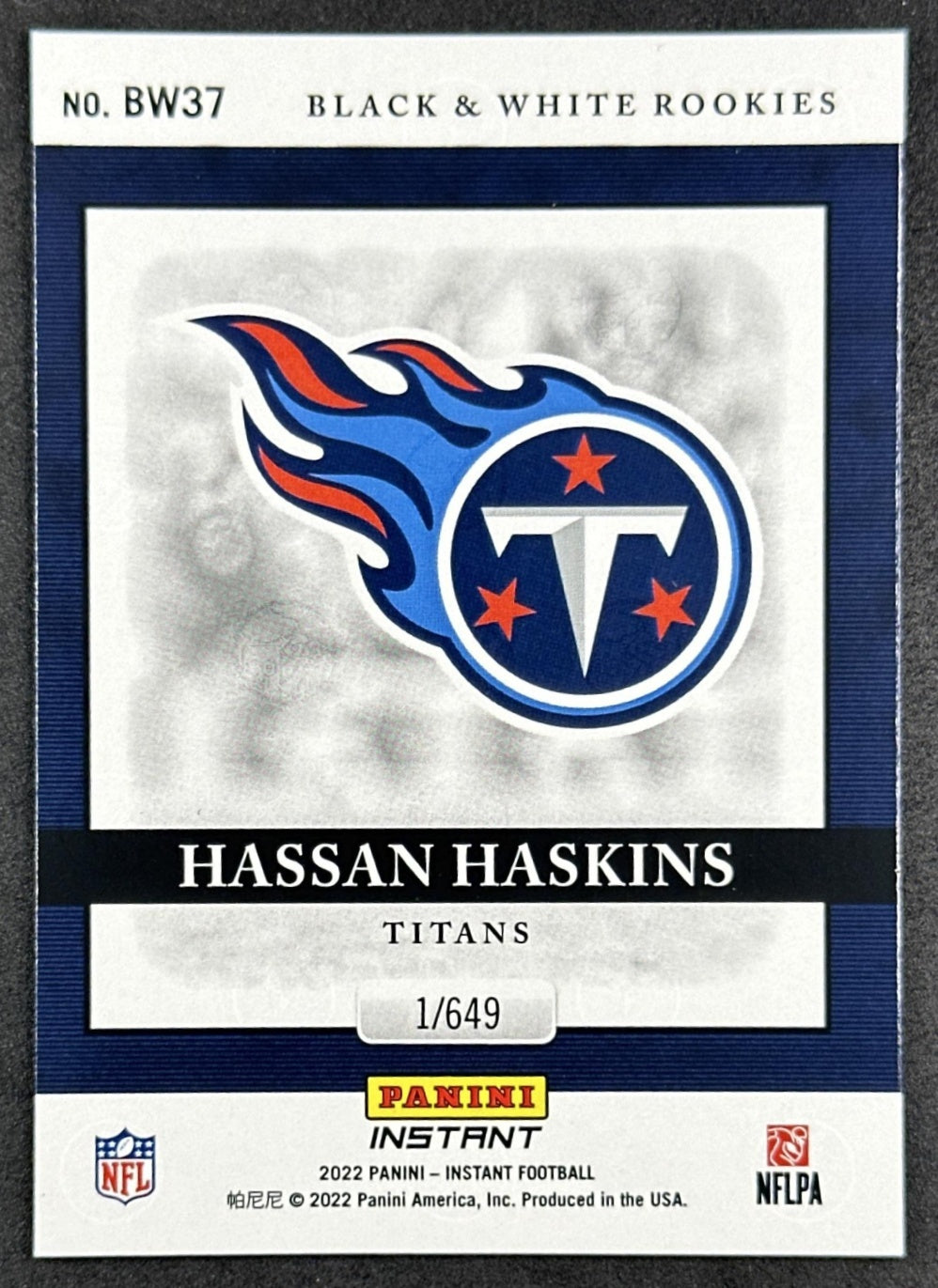 Hassan Haskins 2022 Panini Instant Black & White Rookie /649 Titans Chargers back sports trading card