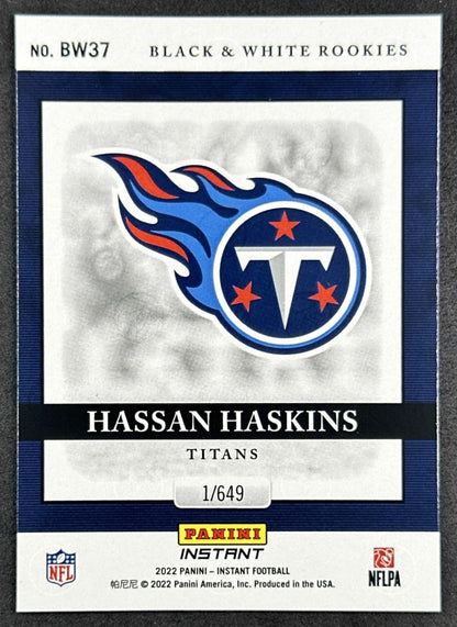 Hassan Haskins 2022 Panini Instant Black & White Rookie /649 Titans Chargers back sports trading card