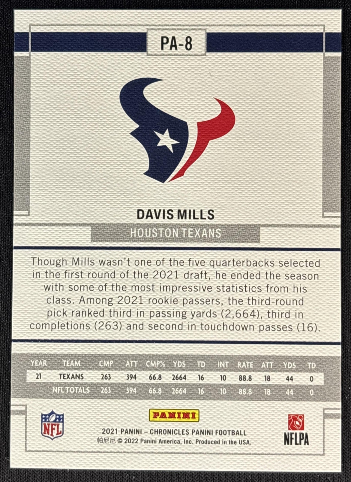 Davis Mills 2021 Panini Chronicles Texans Sports Trading Cards