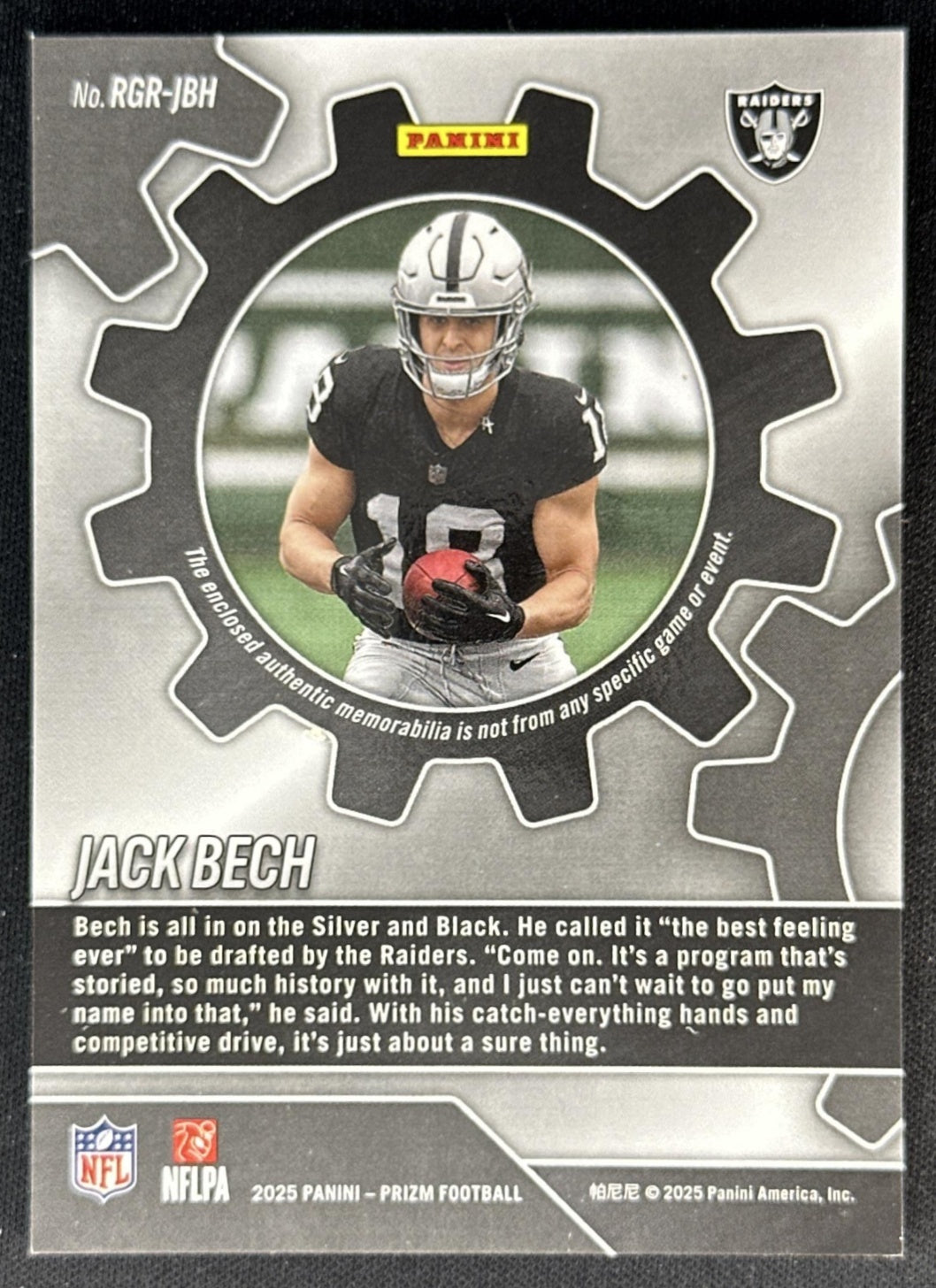 Jack Bech 2025 Panini Prizm Rookie Gear Raiders Sports Trading Cards