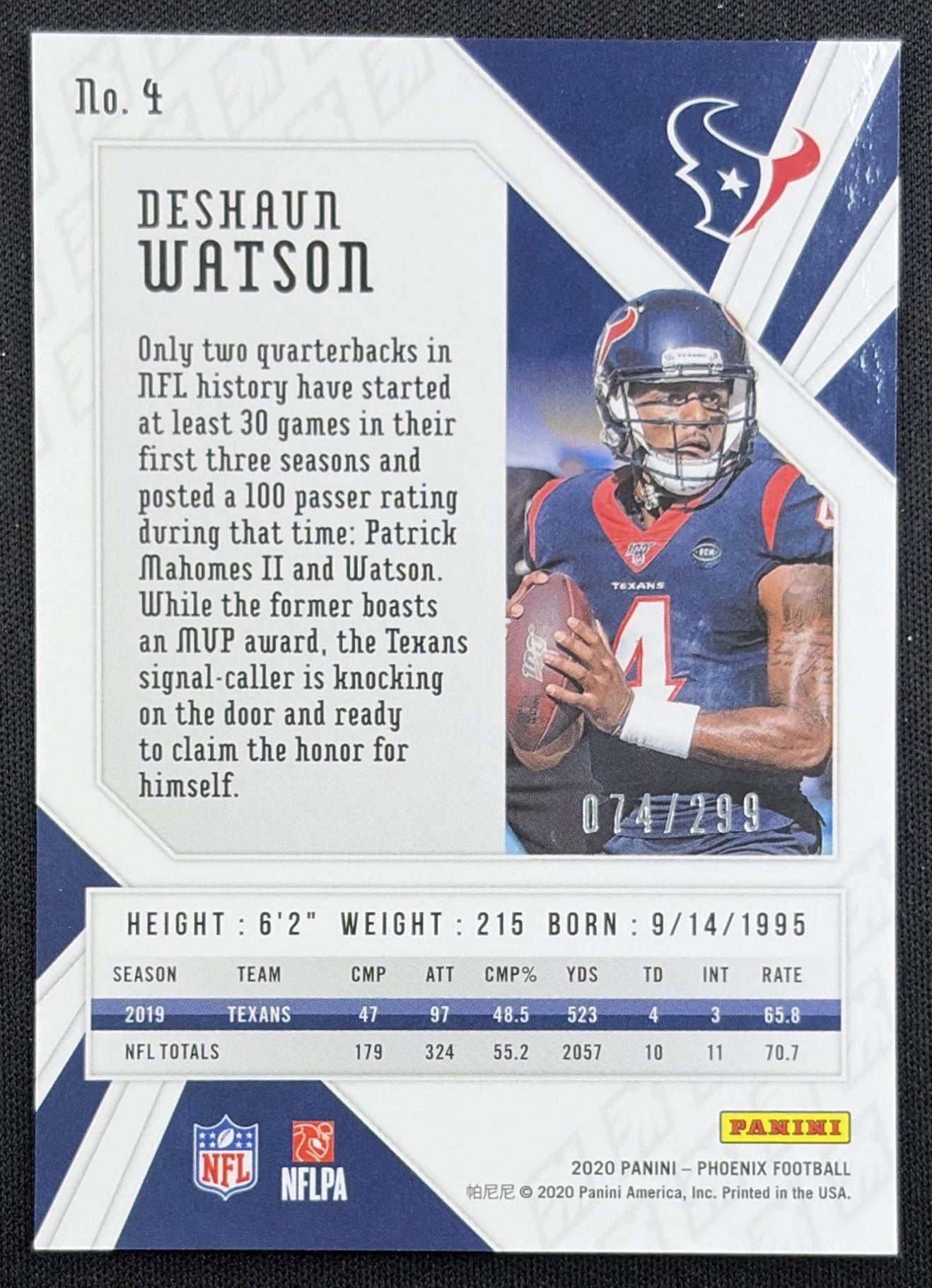 Deshaun Watson 2020 Panini Phoenix Red /299 Texans Houston Texans
