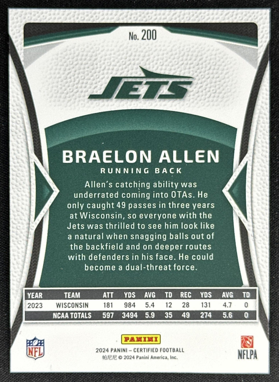 Braelon Allen 2024 Panini Certified Rookies Bronze Mirror /275 Jets
