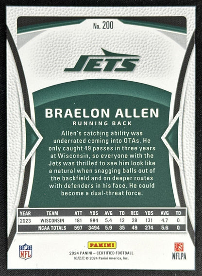 Braelon Allen 2024 Panini Certified Rookies Bronze Mirror /275 Jets