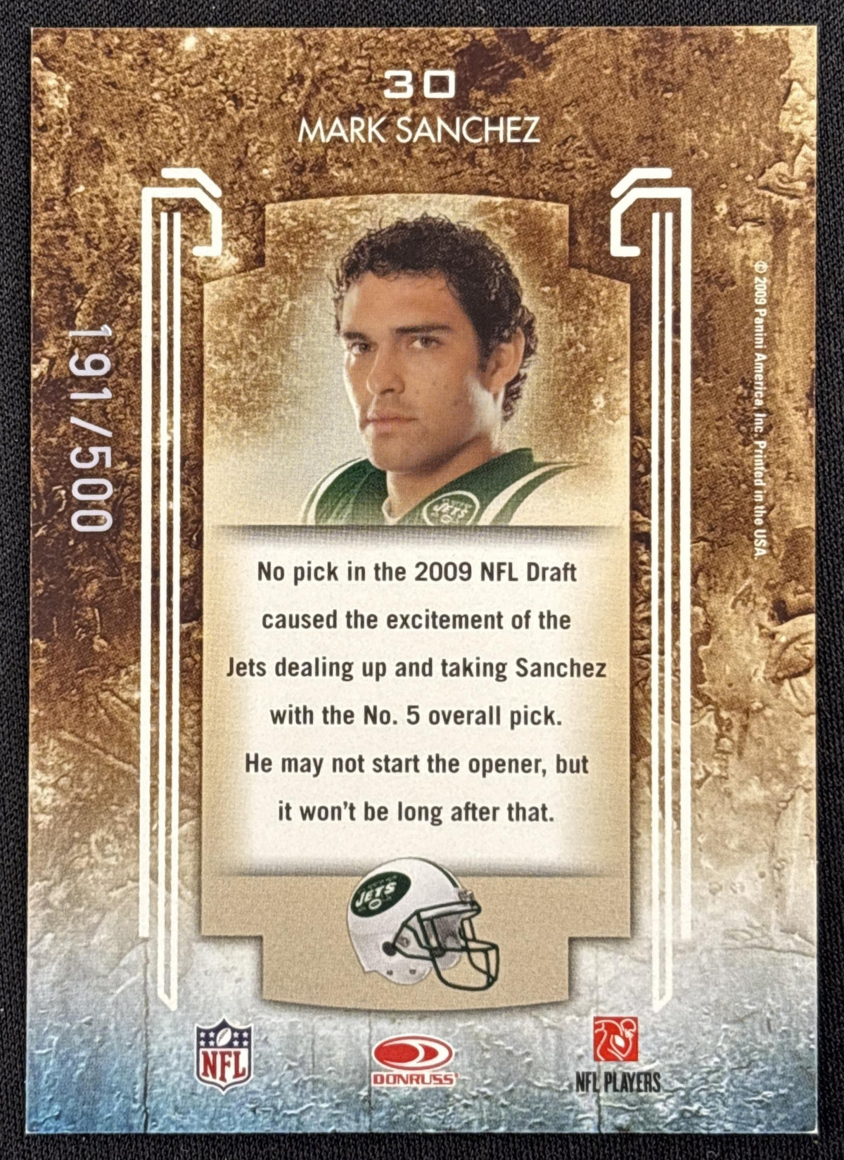 Mark Sanchez 2009 Panini Donruss Rookies & Stars Studio Gold /500 Jets