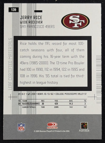 Jerry Rice 2005 Leaf Certified Materials 49ers Sports Trading Card