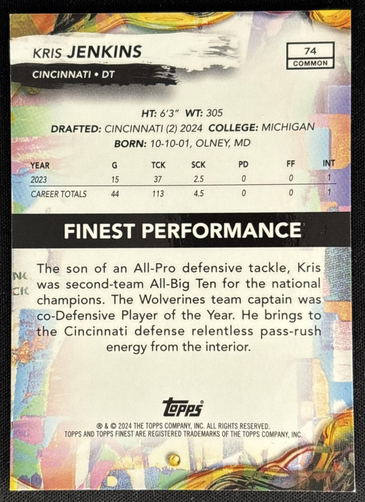 Kris Jenkins 2024 Topps Finest Purple Checkerboard Refractor /150 Bengals back