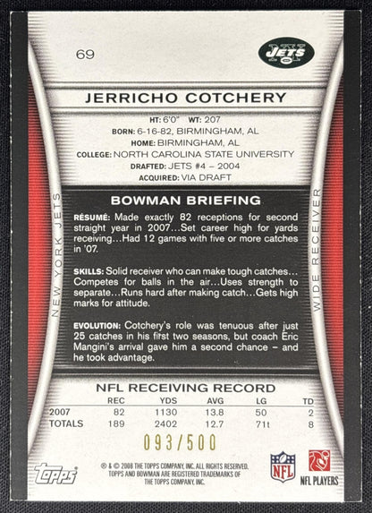 Jerricho Cotchery 2008 Bowman Blue /500 Jets back