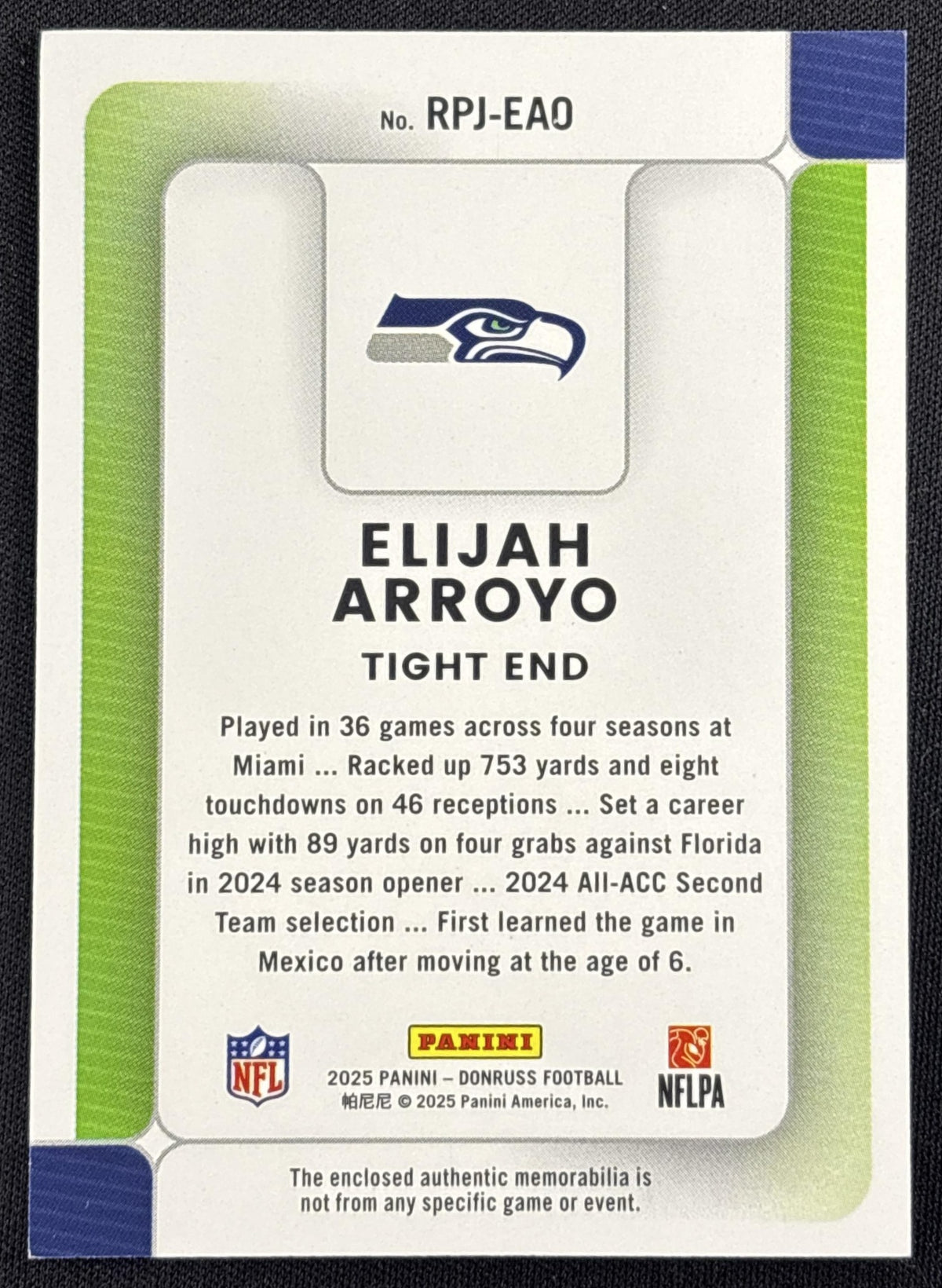 Elijah Arroyo 2025 Panini Donruss Rookie Phenom Jerseys Seahawks Seattle Seahawks