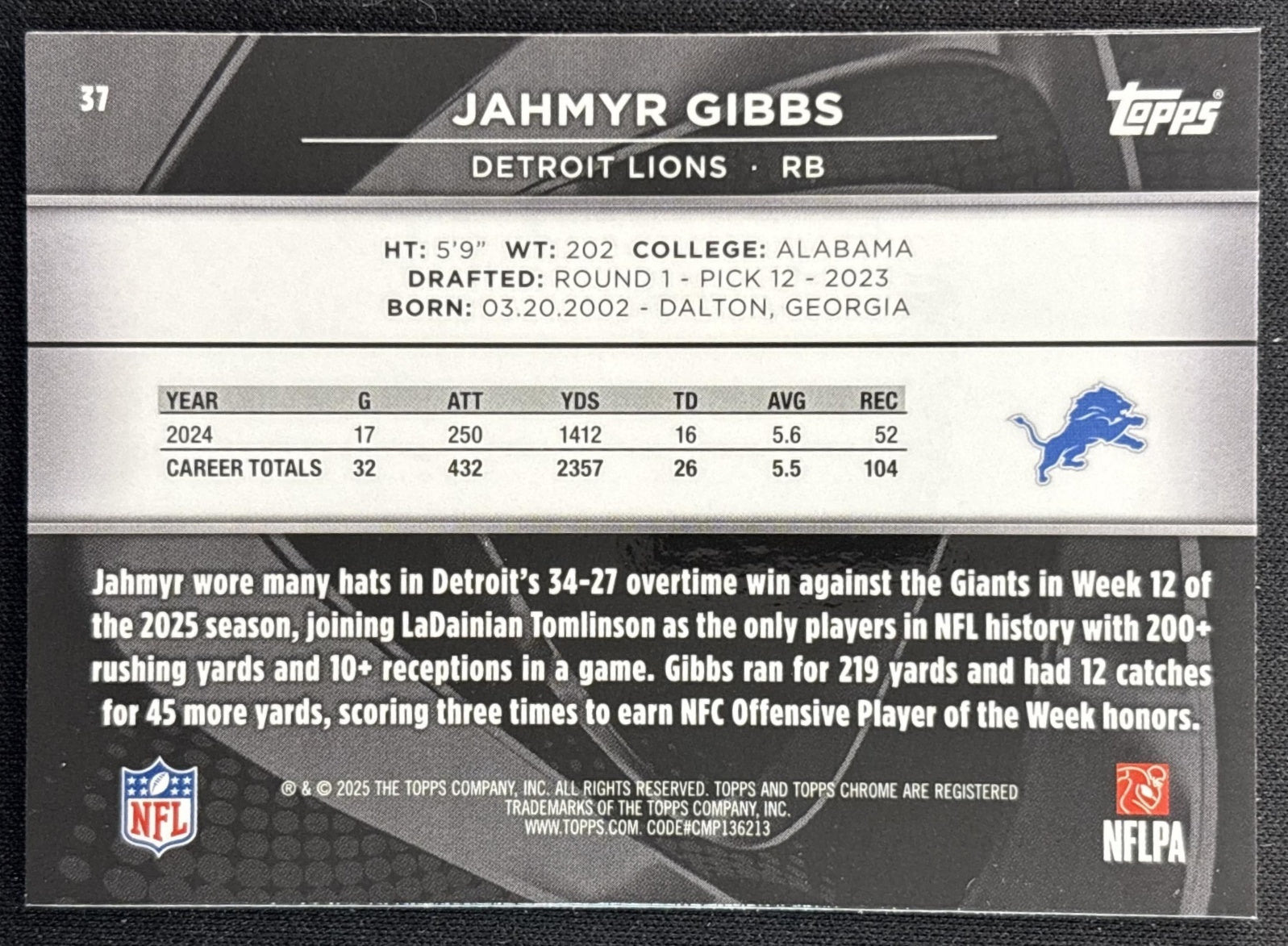 Jahmyr Gibbs 2025 Topps Chrome Black Lions back