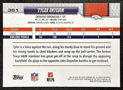 Tyler Onyedim 2026 Topps Flagship Rookie Broncos Sports Trading Cards